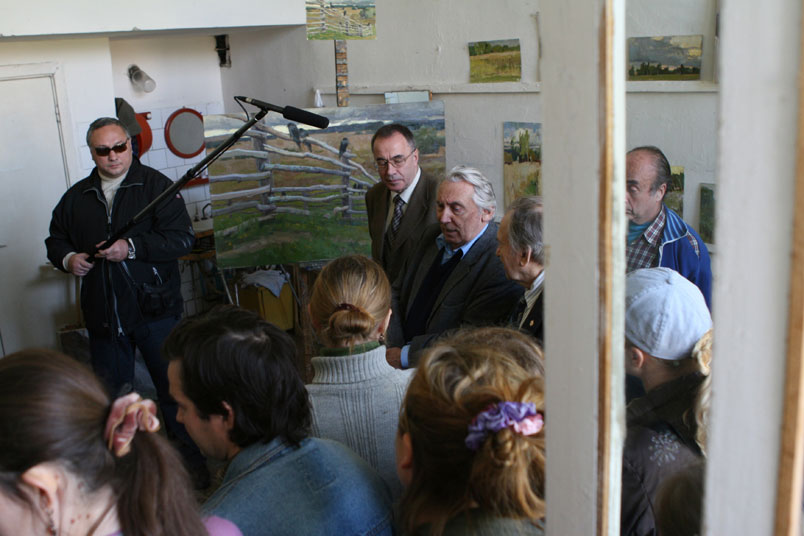 Film crew at the workshop in Akademicheskaya Dacha.